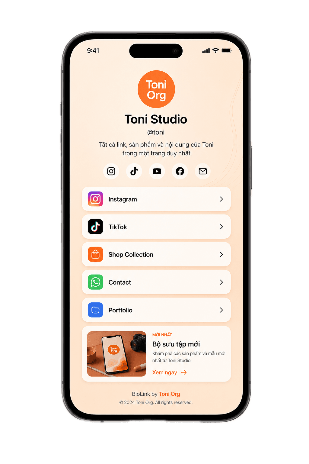 Mockup điện thoại hiển thị BioLink của Toni Studio
